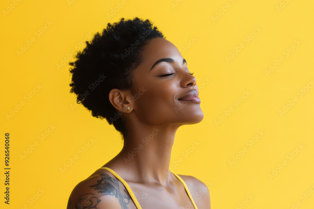 A close up of a tattooed black woman's face with her eyes closed A close up of a tattooed black woman's face with her eyes closed