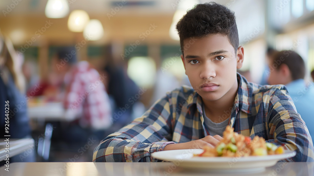 A Boy Student with a Sad Expression, Sitting in School Cafeteria with Untouched Food, Symbolizing Eating Disorder A Boy Student with a Sad Expression, Sitting in School Cafeteria with Untouched Food, Symbolizing Eating Disorder