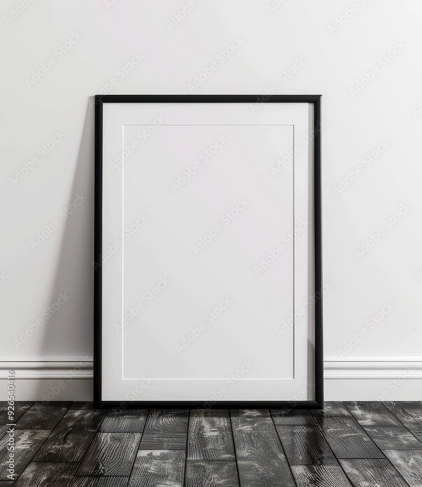 Minimalist black-framed picture on wooden floor against a clean white wall. Minimalist black-framed picture on wooden floor against a clean white wall.