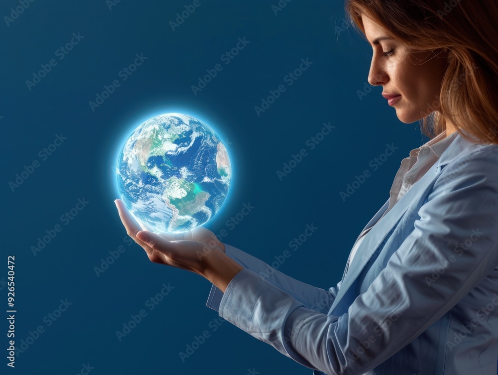 Global expansion strategies discussed by a businesswoman holding a globe, on a royal blue background with space for strategic ideas. Global expansion strategies discussed by a businesswoman holding a globe, on a royal blue background with space for strategic ideas.