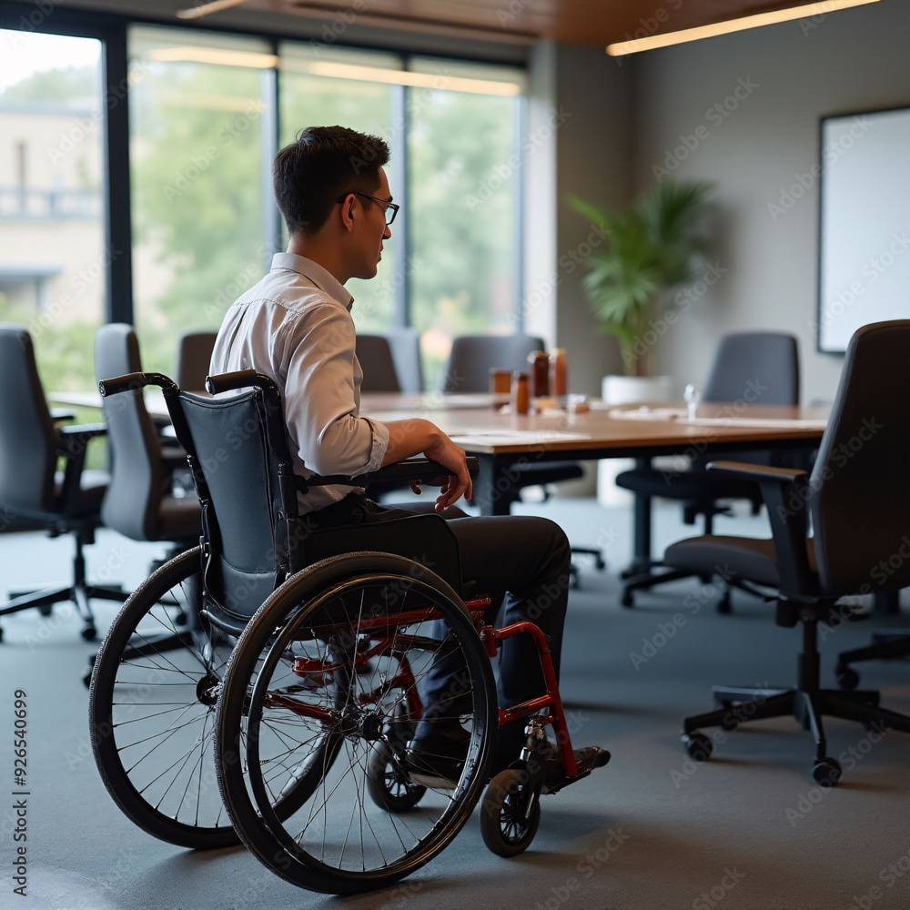 a man in a wheelchair is sitting in a room with a large window behind him a man in a wheelchair is sitting in a room with a large window behind him