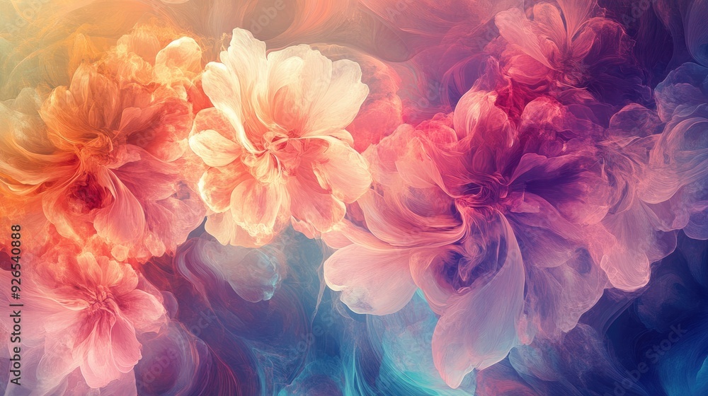 Fototapeta premium Ethereal floral forms emerge from a kaleidoscope of colors, crafting an abstract and dynamic composition.