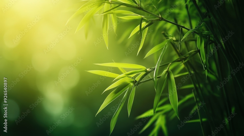 Fototapeta premium Close-up of vibrant green bamboo leaves with sunlit background.