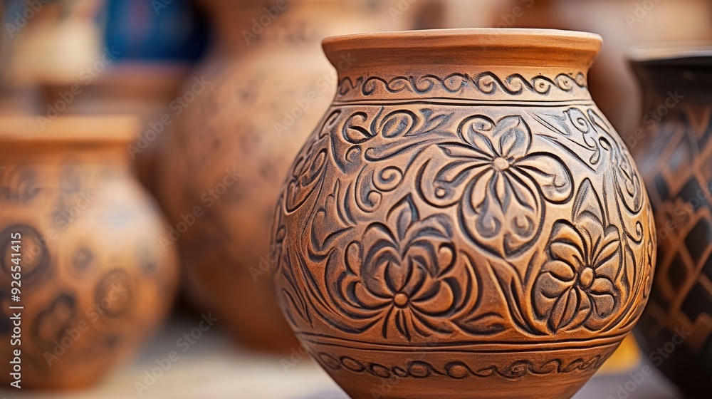 Close-up of traditional clay pots with intricate carvings Close-up of traditional clay pots with intricate carvings