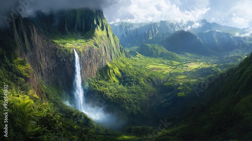 From a lofty viewpoint, a majestic waterfall cascades down a rugged mountainside into the verdant valley below.