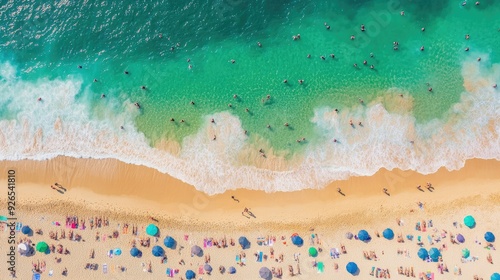 From above, beachgoers at Coogee Beach create a vibrant mosaic against the shimmering shoreline of Sydney's coast. photo