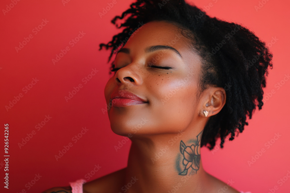 A close up of a tattooed black woman's face with her eyes closed A close up of a tattooed black woman's face with her eyes closed