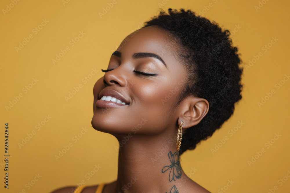 A close up of a tattooed black woman's face with her eyes closed A close up of a tattooed black woman's face with her eyes closed