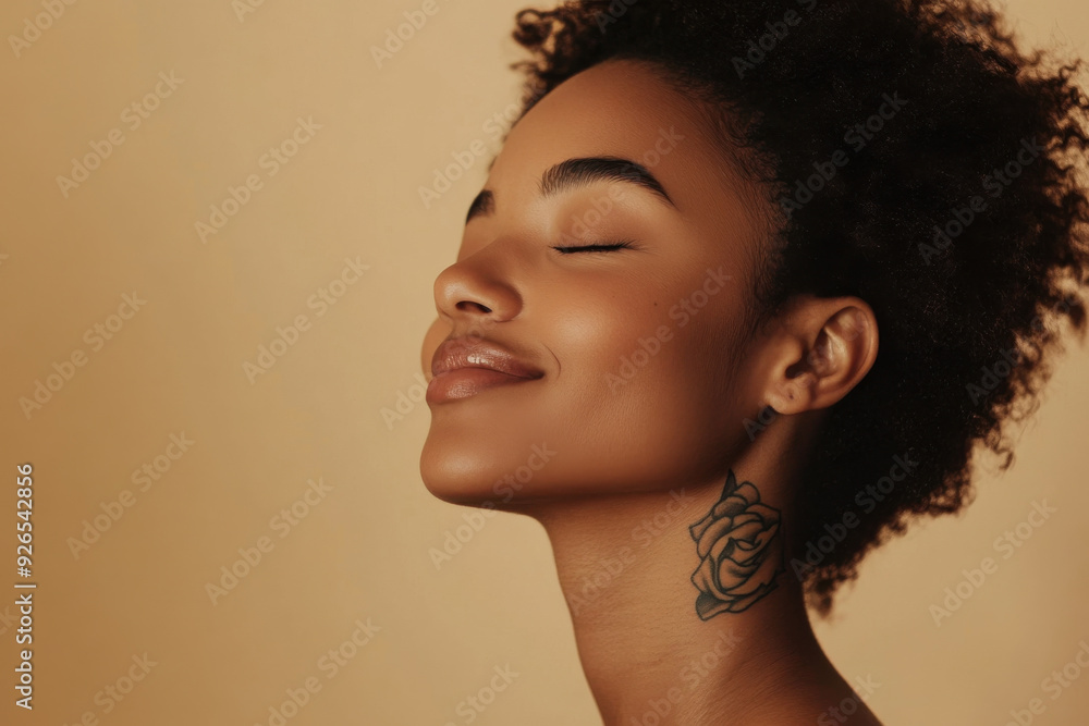 A close up of a tattooed black woman's face with her eyes closed A close up of a tattooed black woman's face with her eyes closed