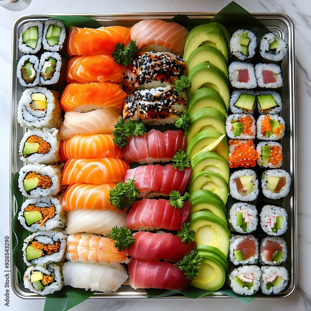 Beautifully Arranged Sushi Platter with Variety of Rolls and Sashimi Beautifully Arranged Sushi Platter with Variety of Rolls and Sashimi