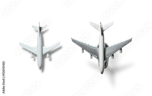 This display highlights two distinct aircraft models viewed from above, emphasizing their innovative designs and aerodynamic shapes in a clean environment