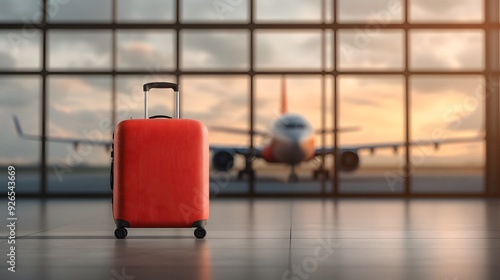 A vibrant red luggage bag awaits travelers at the airport with an airplane in the background, capturing the essence of travel.