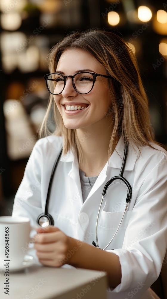 A smiling doctor with glasses takes a coffee break in a warm café, wearing a lab coat and enjoying her time A smiling doctor with glasses takes a coffee break in a warm café, wearing a lab coat and enjoying her time