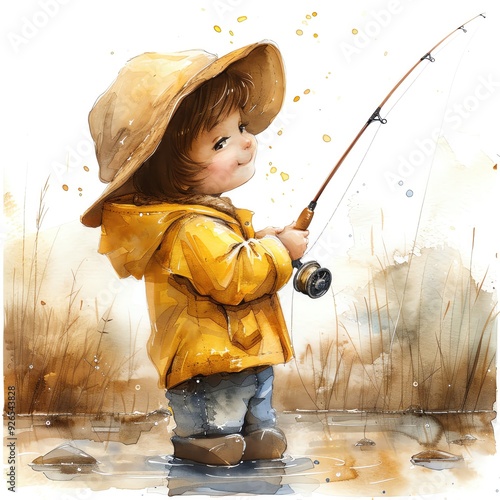 Cute little boy fishing in a lake, wearing a yellow raincoat and hat. photo