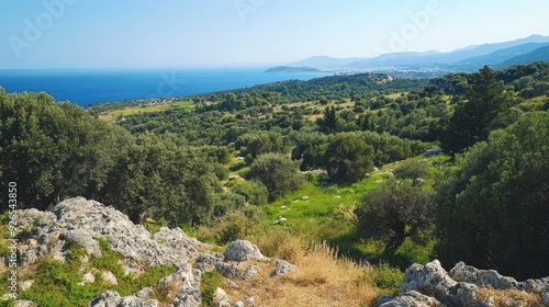 Looking southwest from Filerimos Hill, with a mix of natural greenery, rocky terrain, and the distant ocean visible. photo