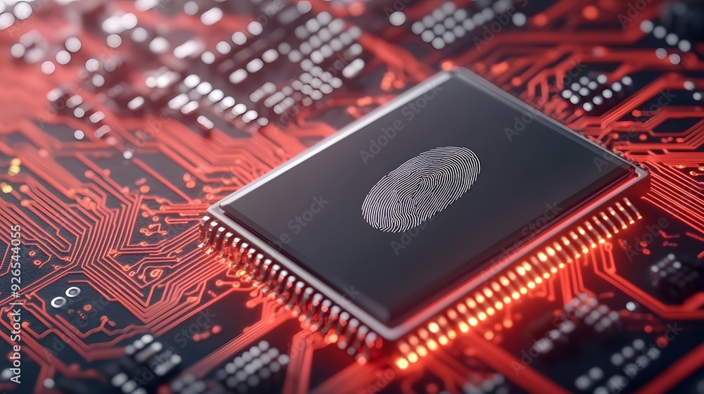 Close-up of a microchip with a fingerprint sensor on a vibrant red circuit board, symbolizing technology and security. Close-up of a microchip with a fingerprint sensor on a vibrant red circuit board, symbolizing technology and security.