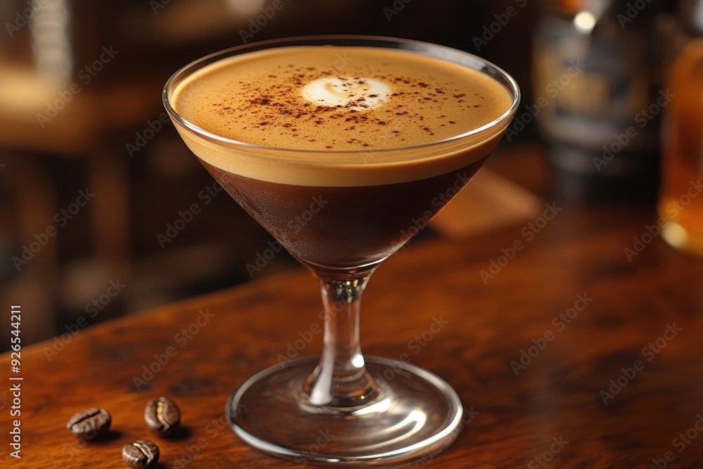 Cocktail Espresso Martini placed on the right side of table. Blurred trendy coffee shop in the background. Cocktail Espresso Martini placed on the right side of table. Blurred trendy coffee shop in the background.