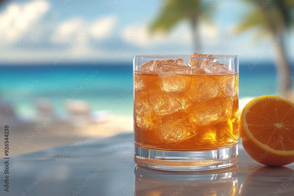 Cocktail Fuzzy Navel placed on the right side of table. Blurred summer beach scene in the background. Cocktail Fuzzy Navel placed on the right side of table. Blurred summer beach scene in the background.