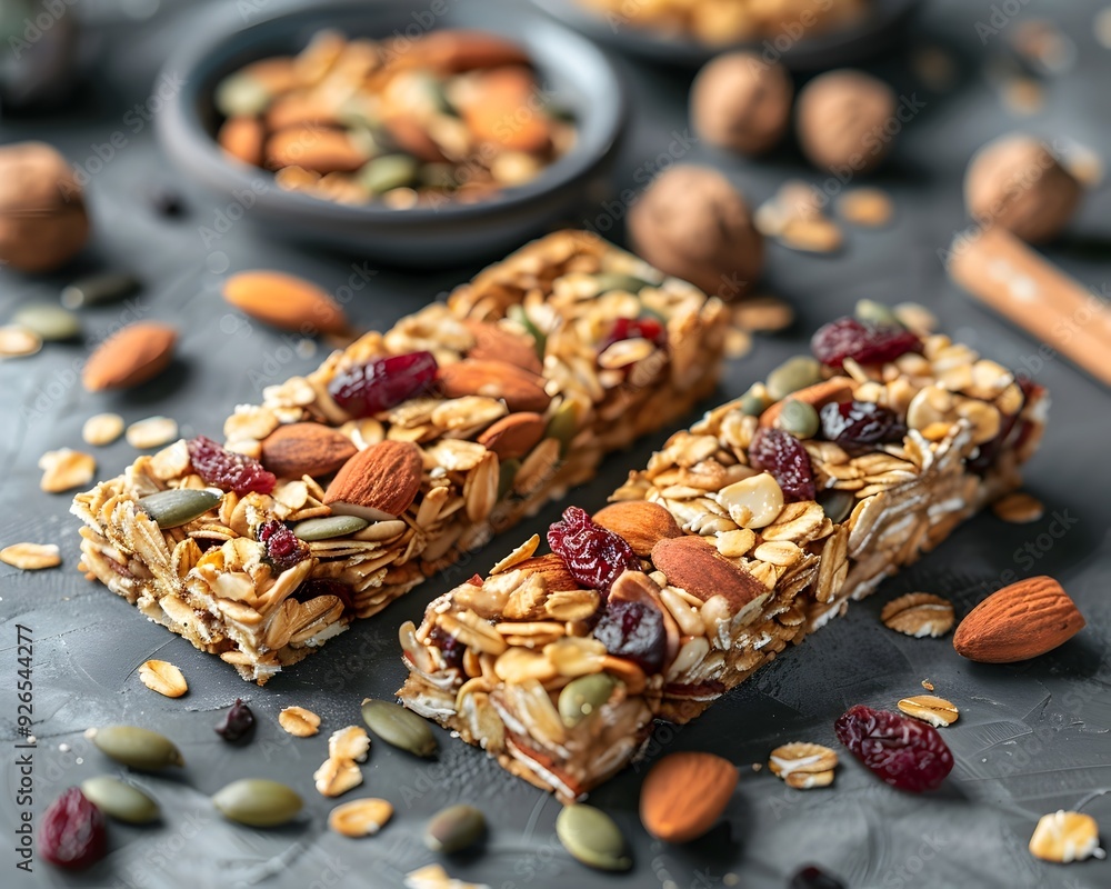Homemade Granola Bars with Oats Nuts Seeds and Dried Fruits on Rustic Wooden Background Homemade Granola Bars with Oats Nuts Seeds and Dried Fruits on Rustic Wooden Background