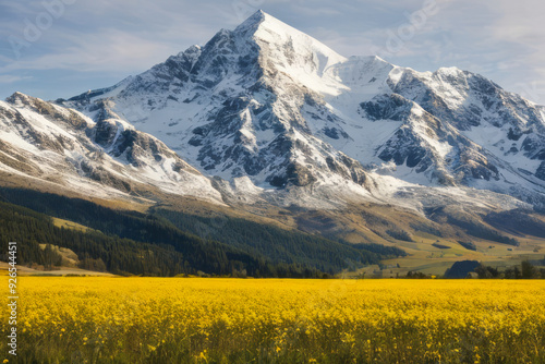 Beautiful alpine meadow with colorful flowers stretches towards the snow-capped mountains under a clear blue sky