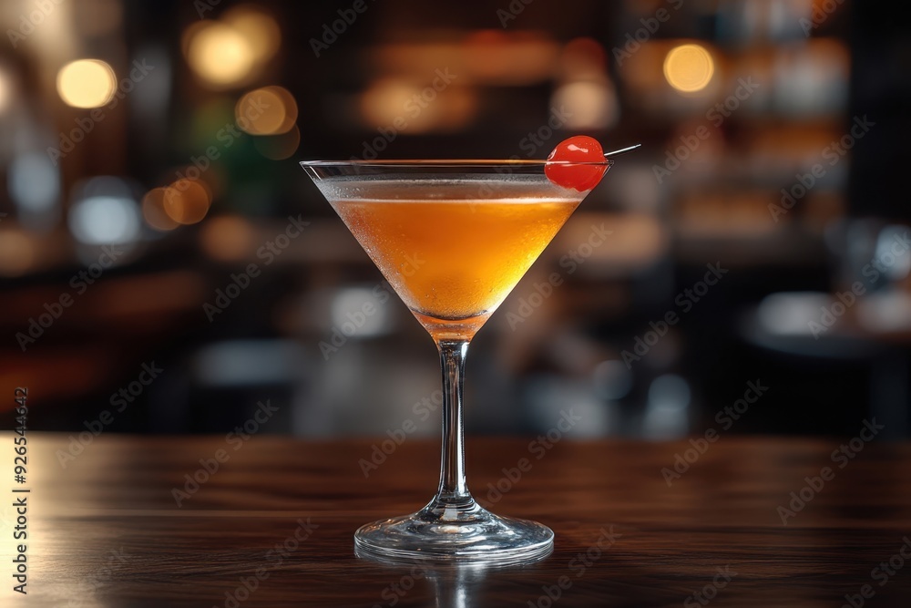 Cocktail Martini placed on the right side of table. Blurred upscale restaurant in the background. Cocktail Martini placed on the right side of table. Blurred upscale restaurant in the background.