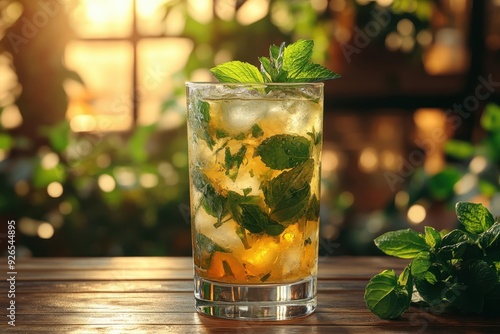 Cocktail Mojito placed on the right side of table. Blurred garden in the background.