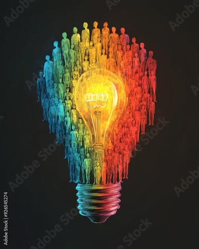 The Collective Glow of Innovation: A vibrant light bulb formed by a diverse multitude, symbolizing the power of collective intelligence and creative collaboration. 