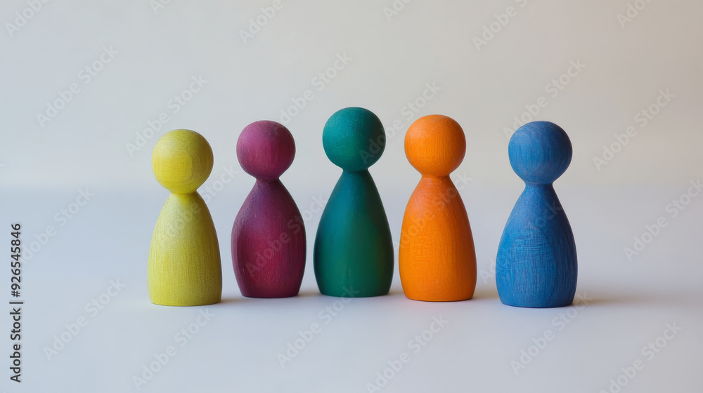 Colorful Wooden Peg Dolls in a Row: A row of five wooden peg dolls, each painted in a vibrant color, stands against a clean white backdrop. The image conveys a sense of unity & diversity. Colorful Wooden Peg Dolls in a Row: A row of five wooden peg dolls, each painted in a vibrant color, stands against a clean white backdrop. The image conveys a sense of unity & diversity.