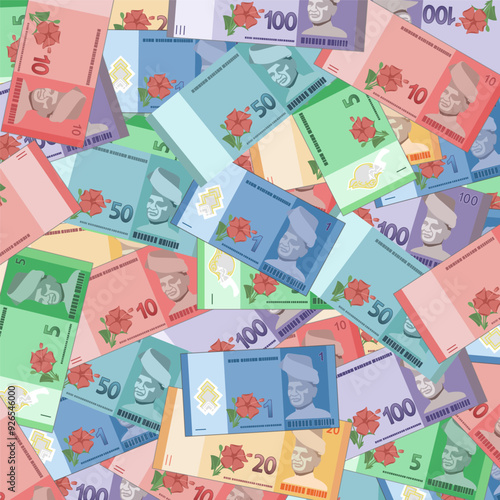 Background full of difference denomination of Malaysia banknotes, simple design illustration of Malaysia currency Ringgit Malaysia cash paper money pool.