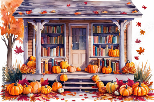 Watercolor bookstore with autumn pumpkins decoration. Cosy illustration. AI