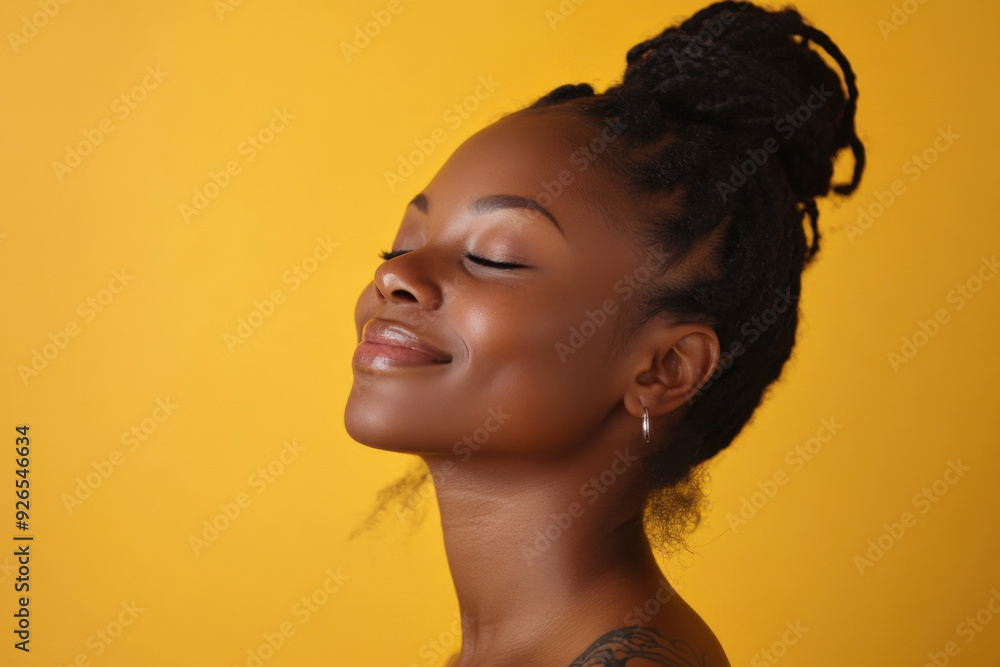 A close up of a tattooed black woman's face with her eyes closed A close up of a tattooed black woman's face with her eyes closed