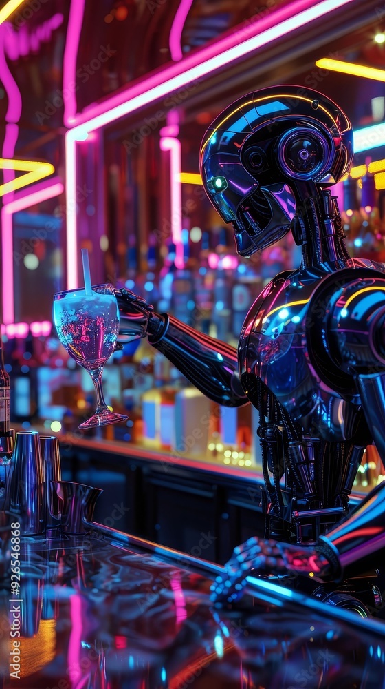 A robot bartender mixing cocktails at a casino bar, neon lights reflecting off polished chrome surfaces A robot bartender mixing cocktails at a casino bar, neon lights reflecting off polished chrome surfaces