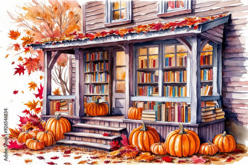 Watercolor bookstore with autumn pumpkins decoration. Cosy illustration. AI