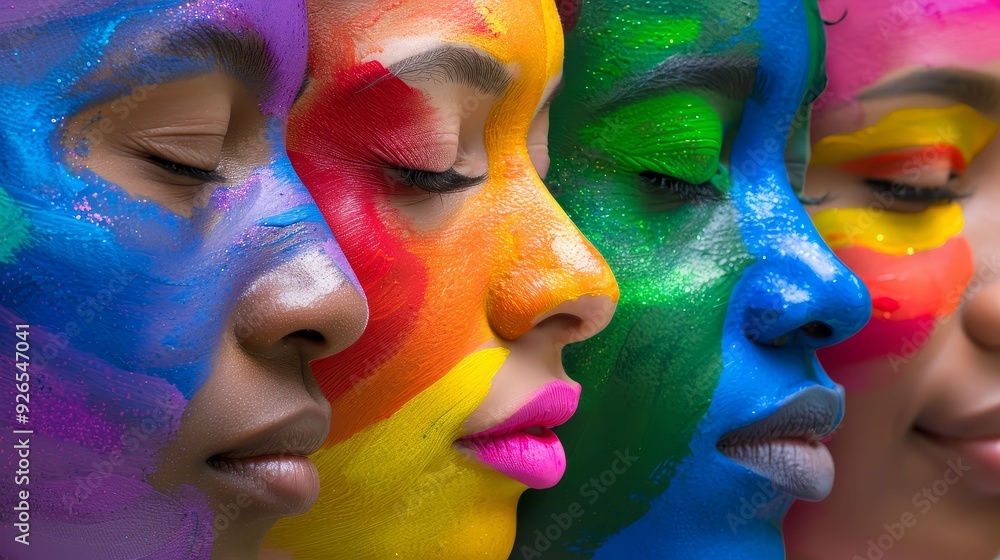 Obraz premium Close-up of rainbow-painted faces, eyes closed, feeling the moment of pride and acceptance
