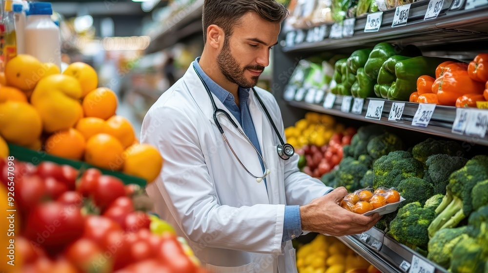 A health professional inspects fresh vegetables and fruits for quality in a grocery store aisle A health professional inspects fresh vegetables and fruits for quality in a grocery store aisle