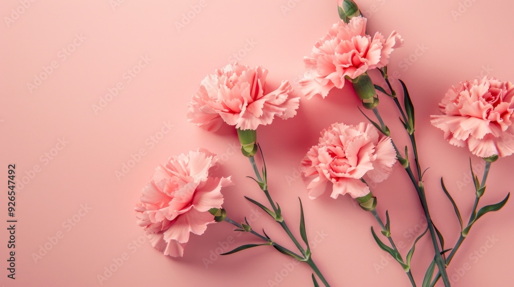 Fototapeta premium Soft pink carnations lie gracefully on a delicate pink background. This charming floral arrangement adds beauty and elegance. Perfect for design projects or marketing materials. AI