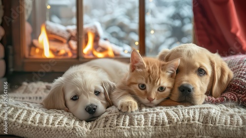 A cat and two golden retriever puppies cuddle together on a blanket in front of a fireplace. photo