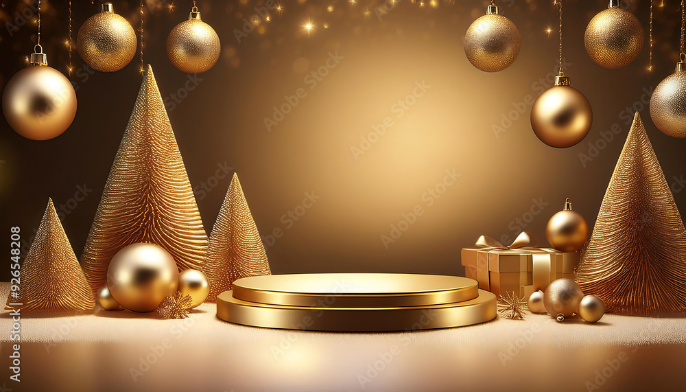Un podio dorato, decorato con ornamenti natalizi, si presenta come il punto focale per una _1(227) Un podio dorato, decorato con ornamenti natalizi, si presenta come il punto focale per una _1(227)