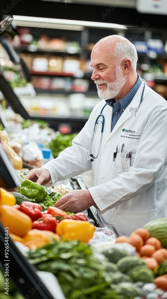 A smiling healthcare professional selects fresh vegetables at a grocery store A smiling healthcare professional selects fresh vegetables at a grocery store