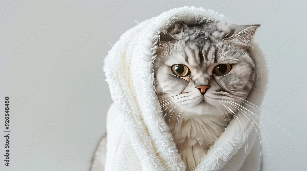 A cute grey cat wrapped in a white towel, looking at the camera with a funny expression. A cute grey cat wrapped in a white towel, looking at the camera with a funny expression.