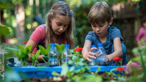 Fototapeta Naklejka Na Ścianę i Meble -  two children, a girl and a boy, planting flowers in the garden using plastic bottles as pots on a sunny day, capturing teamwork and creativity with natural light and vibrant greenery