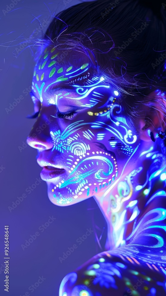 Abstract body paint on a model under UV light, glowing patterns telling an alluring story Abstract body paint on a model under UV light, glowing patterns telling an alluring story