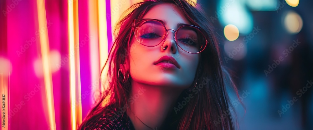 Close-up portrait of a young woman with long dark hair, wearing round glasses and nose ring, standing in front of colorful neon lights.