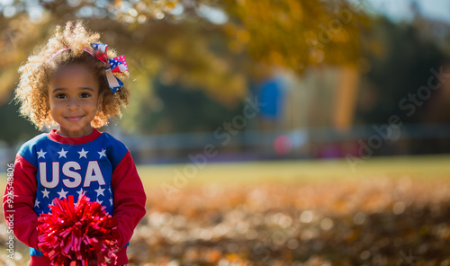 A toddler with natural hair hin a blue and red outfit with the words USA on the front. Little girl in a cheer outfit outdoors with copy space. photo