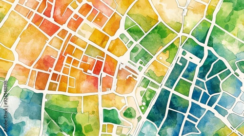 Watercolor city map with abstract streets and landmarks for urban planning presentations.
