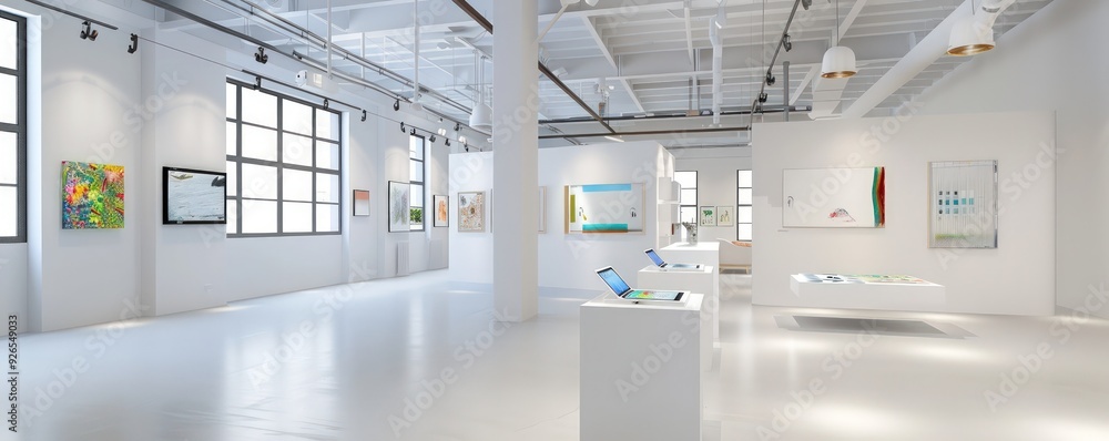 Modern conference room with laptops, coffee mugs, and colorful whiteboards for brainstorming. Modern conference room with laptops, coffee mugs, and colorful whiteboards for brainstorming.