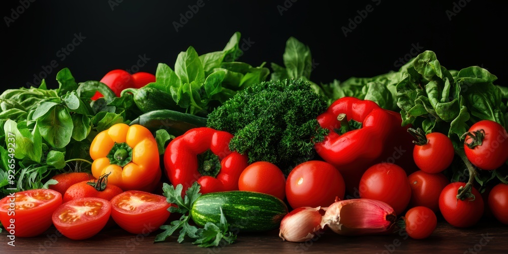 A variety of vegetables including tomatoes, peppers, and cucumbers are displayed on a table. Concept of abundance and freshness, as the vegetables are arranged in a visually appealing manner A variety of vegetables including tomatoes, peppers, and cucumbers are displayed on a table. Concept of abundance and freshness, as the vegetables are arranged in a visually appealing manner