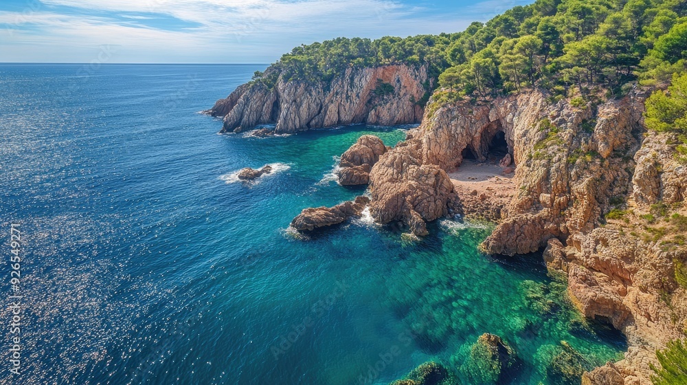 Obraz premium The iconic cliffs of Costa Brava in Girona, framed by the deep blue of the Mediterranean Sea, showcasing the natural beauty of this Catalonian coast.