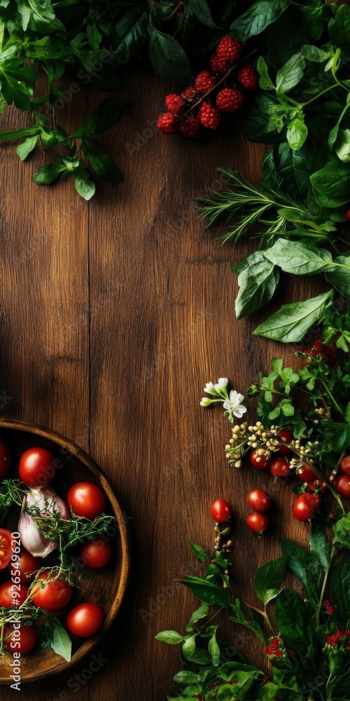 A wooden table with a bowl of tomatoes and herbs. The bowl is placed in the center of the table, surrounded by various herbs and plants. Scene is that of a fresh and healthy meal A wooden table with a bowl of tomatoes and herbs. The bowl is placed in the center of the table, surrounded by various herbs and plants. Scene is that of a fresh and healthy meal
