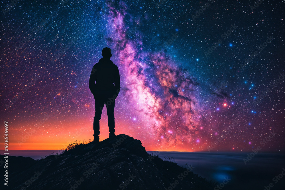 Silhouette of a man looking at a star-filled night sky Silhouette of a man looking at a star-filled night sky